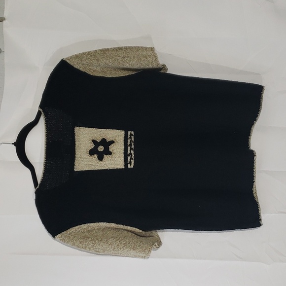 Hand embroidery short sleeve button front cardigan floral. Black and tan. - Picture 5 of 6